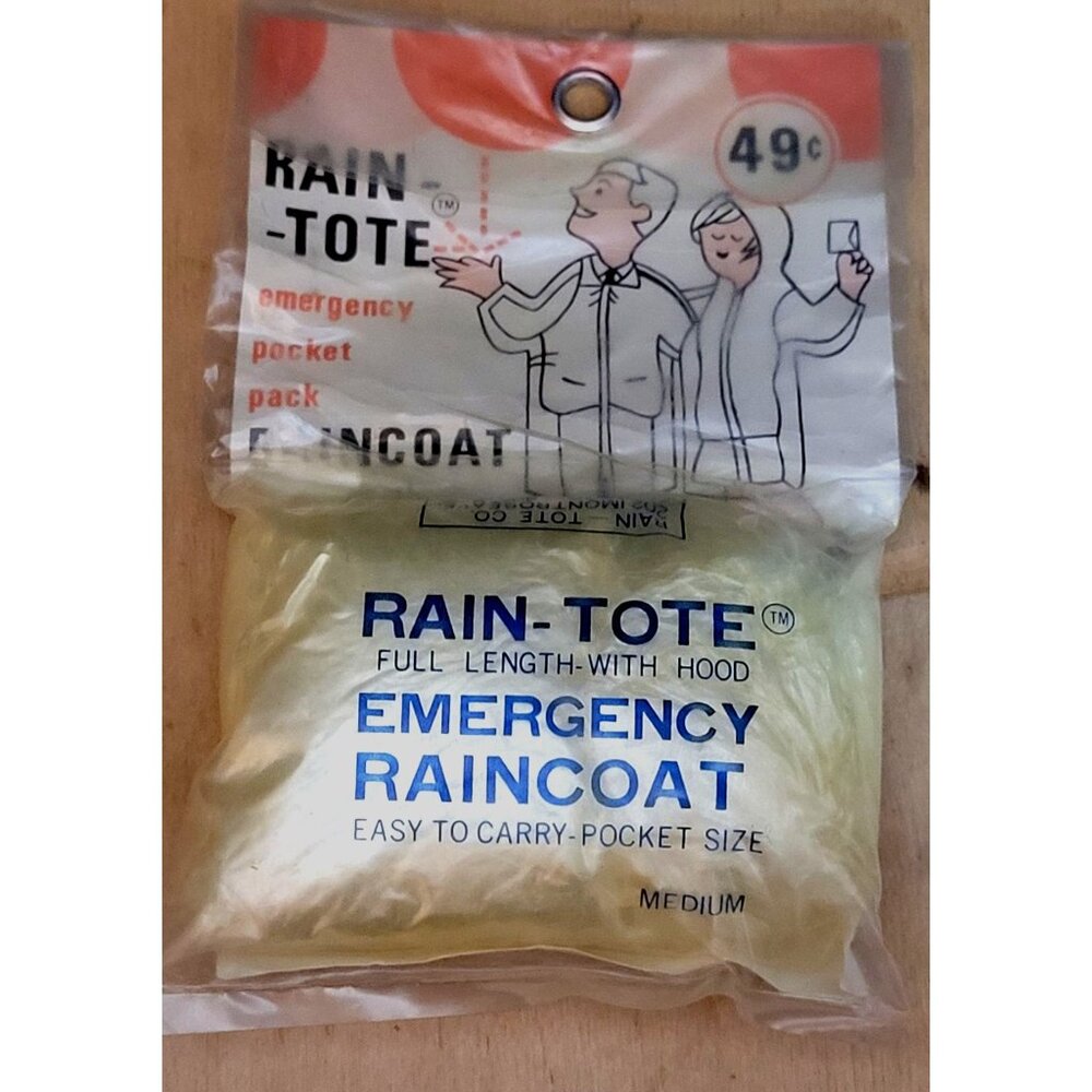 Vintage Rain Tote Emergency Raincoat MCM Pocket Size Hooded Medium Clear Vinyl
